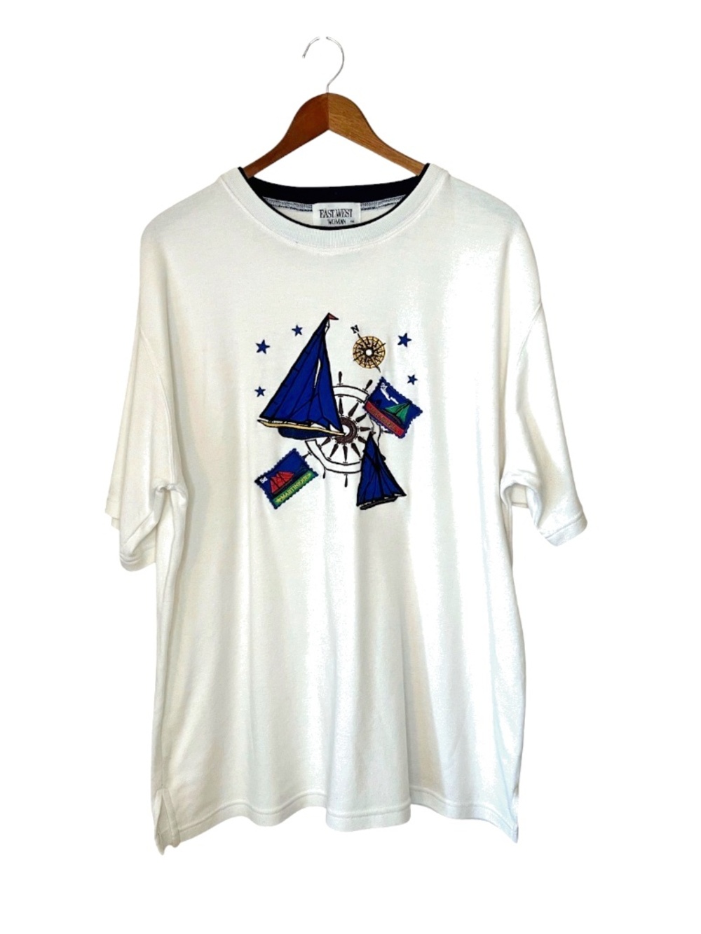 Vintage 90s East West Woman Nautical Cruise Sailing Embroidered T Shirt XL